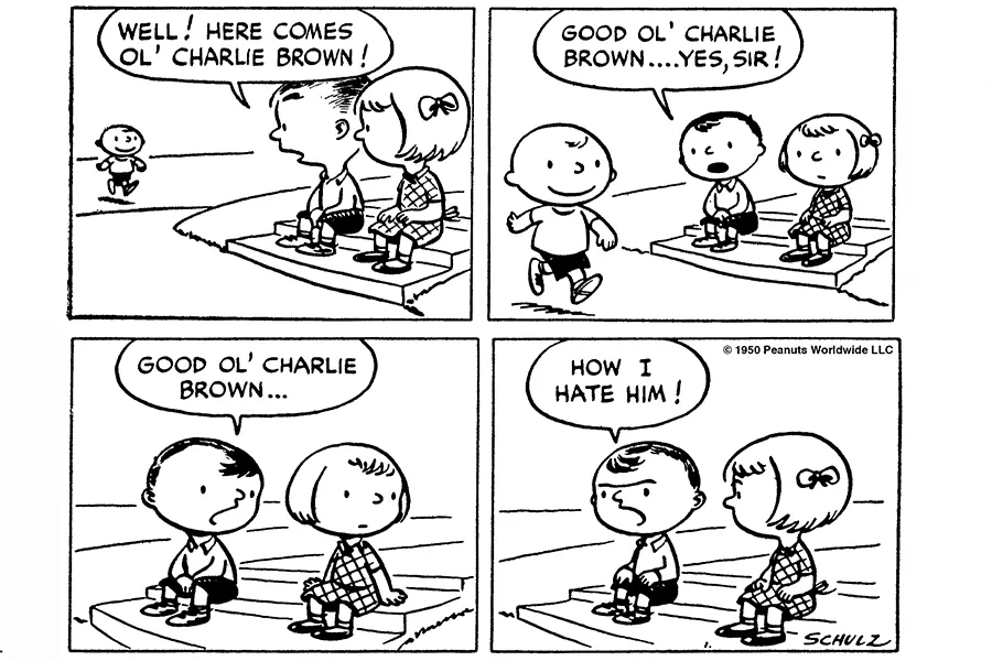 Charlie begins his shambling way into history in the very first “Peanuts” panels, 1950.