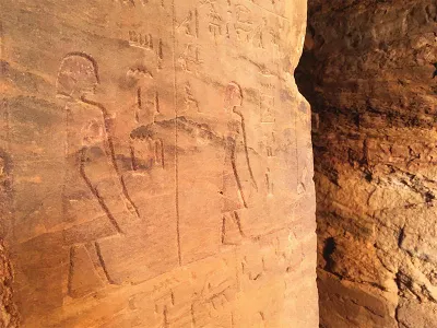 Hieroglyphs line the walls in a shrine
to the goddess Hathor at Serabit el-Khadim. 
