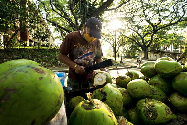 A coconut vendor selling cconut. thumbnail