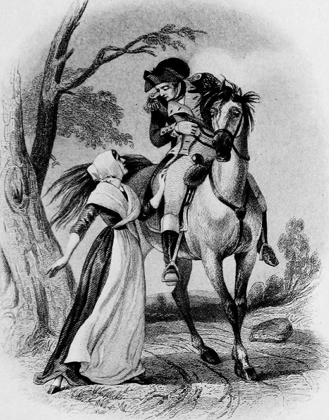 An 1845 illustration of Darragh passing along a warning to American officer Charles Craig
