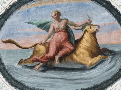 A fresco depicting the abduction of Europa by Zeus, in the form of a bull