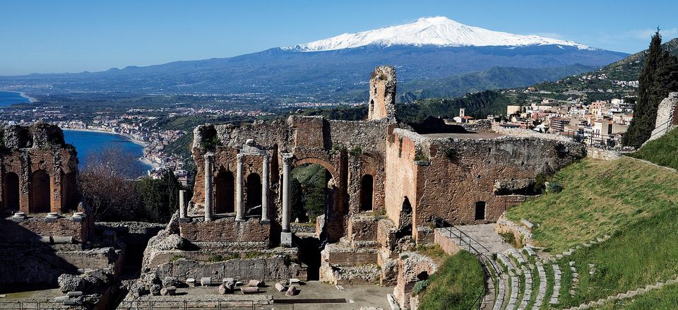  Greek theater of Taormina with Mount Etna in the distance, Sicily 