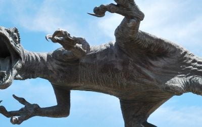 A high-kicking Utahraptor outside the College of Eastern Utah's Prehistoric Museum in Price
