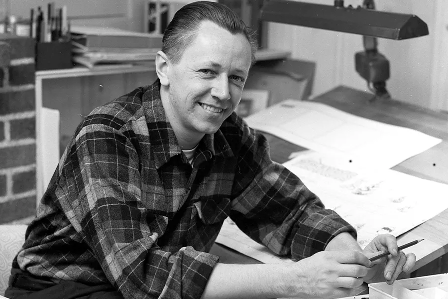 Charles Schulz in his studio, circa 1954.