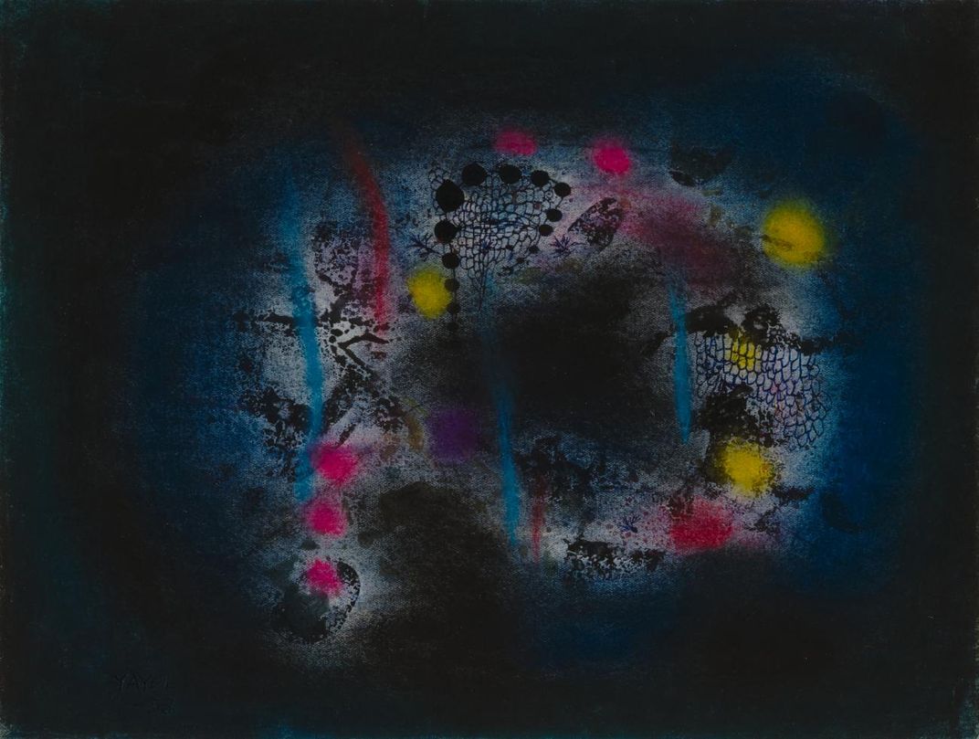 An artwork with a dark background and a circular abstract shape of pink, blue, purple, and yellow.