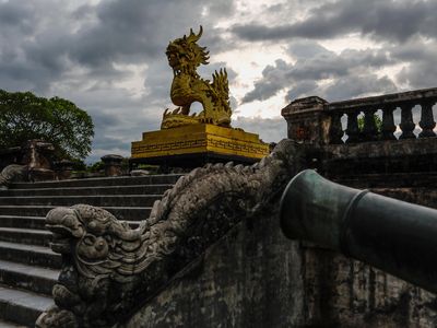 A new dragon statue guards the Citadel in Hue, seized by northern forces during the 1968 Tet Offensive but then recaptured in some of the fiercest combat of the Vietnam War. 