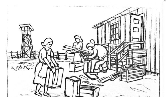Making crates to leave the camp, September 1945, Heart Mountain, Wyoming. (Illustration by Estelle Ishigo, courtesy Estelle Ishigo Collection, Heart Mountain Wyoming Foundation. Gift of Bacon Sakatani in Memory of Arthur and Estelle Ishigo)