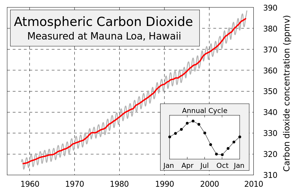 This figure shows the history of atmospheric carbon dioxide concentrations as directly measured at Mauna Loa, Hawaii.