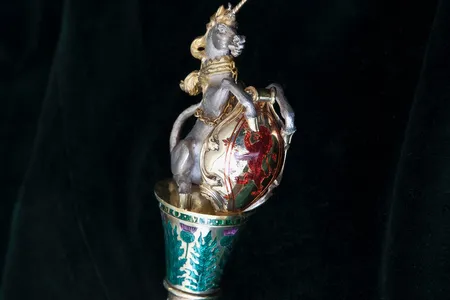 A gilded unicorn atop a silver baton from the regalia of Scotland's Usher of the White Rod