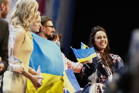 Ukraine's Jamala (right) at the press conference after she won Eurovision 2016 with "1944." 