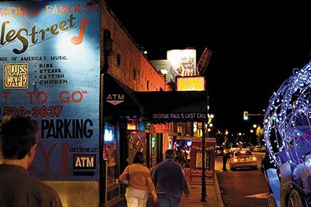 A throbbing two-block entertainment district is all that is left of old Beale Street, most of which was razed in urban renewal schemes.