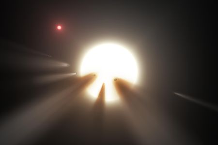 The swarm of dusty comets in this artist's conception is one of several not-entirely-convincing explanations for what's happening around the star called KIC 8462852.