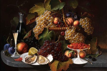 Still Life with Fruit, Oysters, and Wine by Everhart Kuhn, ca. 1865