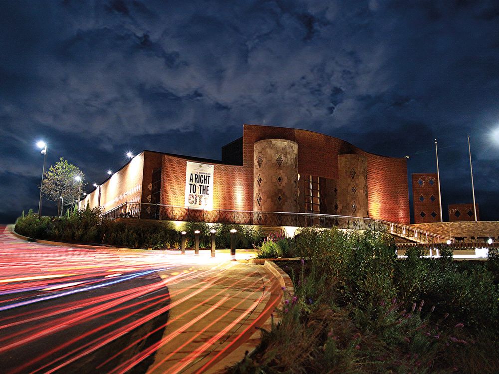 a building photographed at night