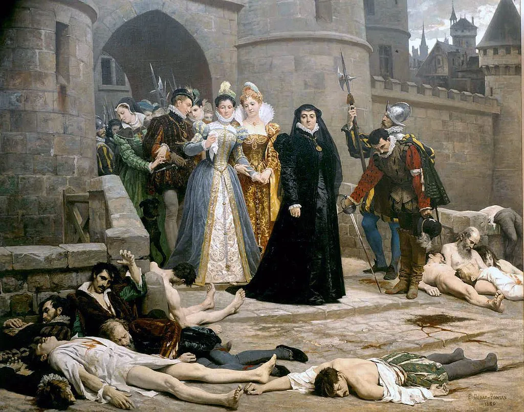 A 19th-century painting of Catherine, in black, inspecting the bodies of murdered Huguenots