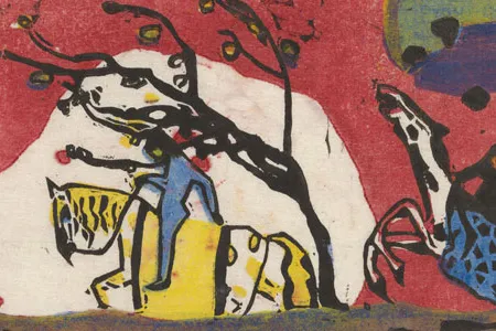 Courtesy of Municipal Gallery in Lenbachhaus.  Two riders before the red, 1911, woodblock, © VG Bild-Kunst, Bonn.