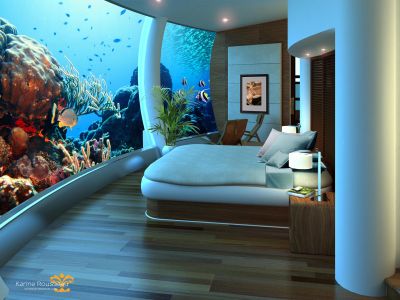 Artist's rendition of a bedroom at the Poseidon Mystery Island underwater resort