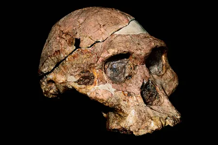 The fossil skull of the human ancestor Australopithecus africanus, which had more robust teeth and jaws than modern humans.