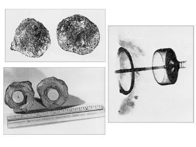 These grainy images, thought to have been originally published in a magazine dedicated to the paranormal, are all that remain of the "Coso artifact." The object itself hasn't been seen in decades. Clockwise from top: The "geode" in which the artifact was found, an x-ray of the interior, and a side view after the "geode" had been cut in half.