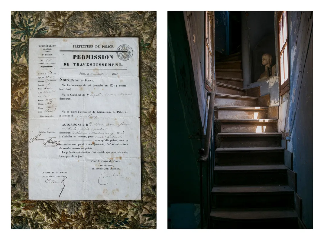 Left, a copy of the special renewable “cross-dressing permit” Bonheur received from the Paris police, filled out in longhand by her doctor “for reason of health,” hangs on a drawing room wall. Right, the stairs to the attic at the Chateau of By. Photograph by Claudine Doury