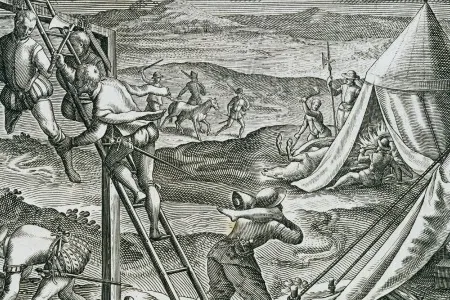 References to acts of cannibalism are sprinkled throughout many religious and historical documents, such as reports of cooked human flesh being sold in 11th-century English markets during times of famine. Here, an engraving by Theodor de Bry depicts hungry Spaniards cutting down the bodies of thieves hanged by Pedro de Mendoza in order to eat them.
