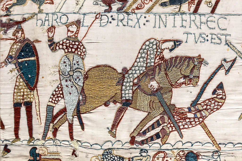 The death of King Harold at the Battle of Hastings depicted on the Bayeux Tapestry
