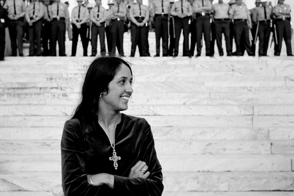 Joan Baez in front of Alabama State Capitol
