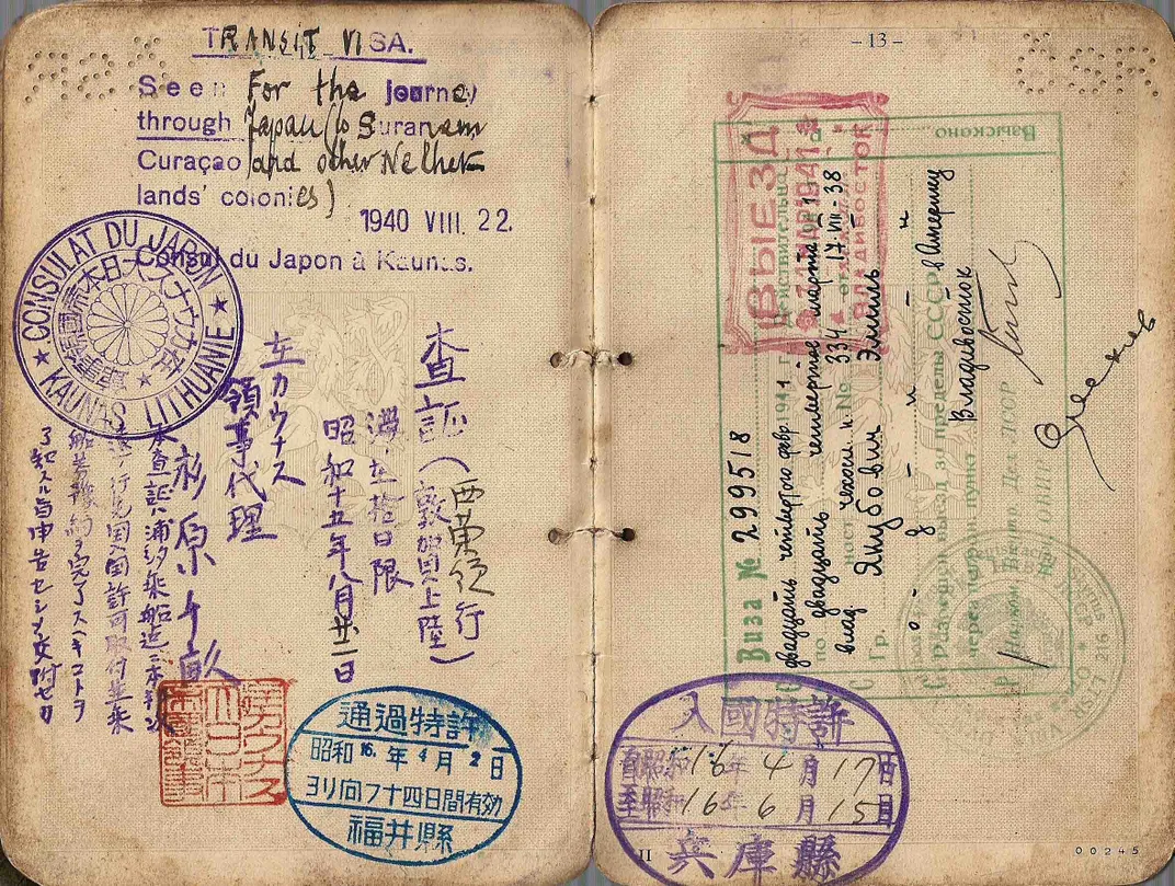 A passport with a Japanese transit visa signed by Sugihara on August 22, 1940