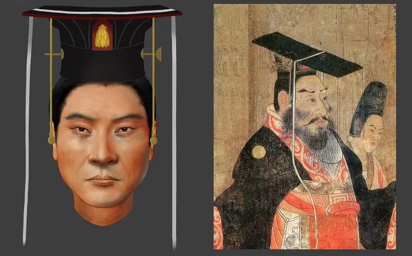 Digital reconstruction of Emperor Wu's face, alongside a painting made of him from the 'Thirteen Emperors Scroll.'