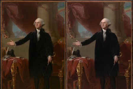 The 18-month restoration of Gilbert Stuart's portrait of George Washington, the Lansdowne (above: the portrait before conservation treatment is on the left) is completed.