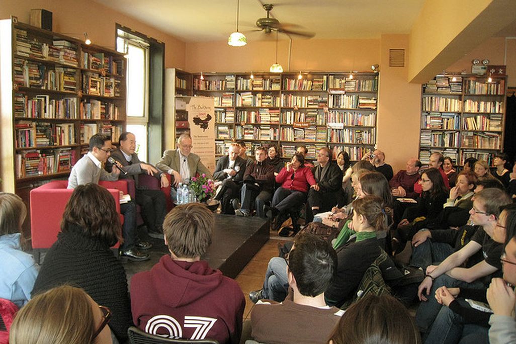 Mo Yan and Chinese literature translator Howard Goldblatt speak at a literary festival.