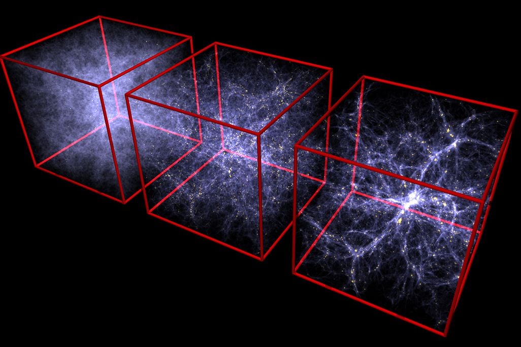 Cosmologists study the large-scale structure and evolution of the universe -- here imagined as it evolved (reading left to right) from 900 million years after the Big Bang to today.