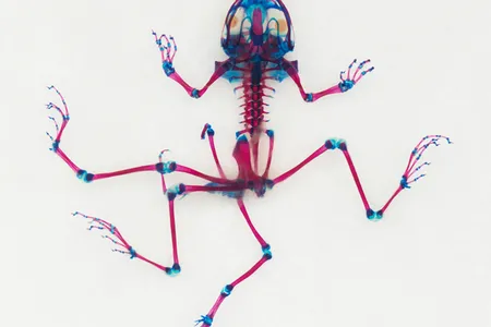 DFB 45, Arès, Brandon Ballengée, 2008. Scanner photograph of cleared and stained multi-limbed Pacific Tree frog from Aptos, California in scientific collaboration with Dr. Stanley K. Sessions. Title in collaboration with the poet KuyDelair.