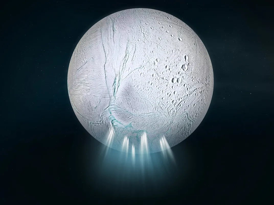 A gray-white, icy moon with plumes of water coming from its lower side shines against a dark background