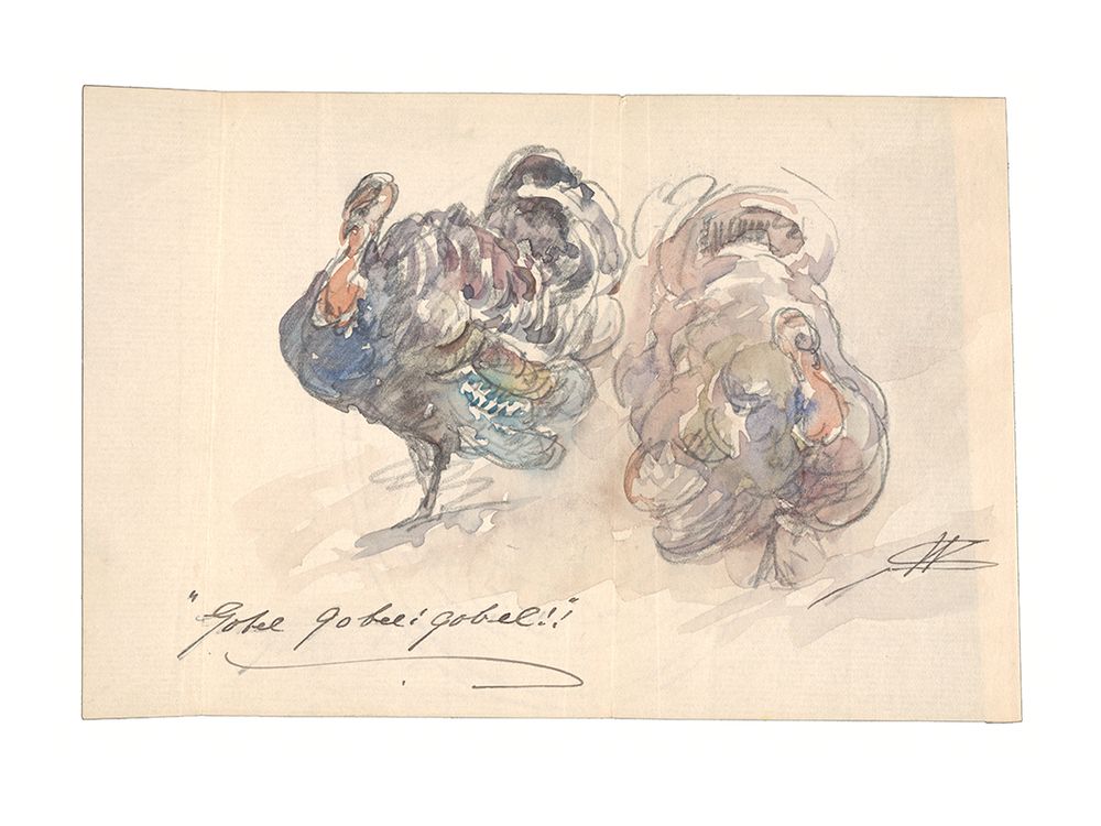 Walter Shirlaw watercolor of two turkeys, ca. 1903-1919. Dorothea A. Dreier papers, 1881-1941, bulk 1887-1923. Archives of American Art, Smithsonian Institution.