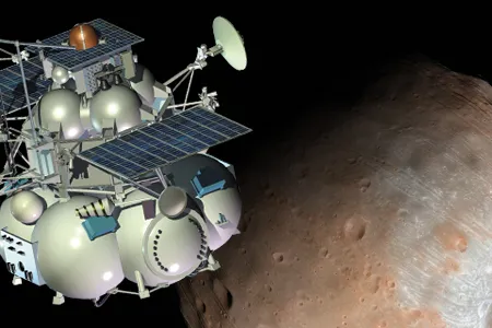 Russian scientists have recently improved their probe by replacing the drill shown with a scoop device to collect soil in the weak gravity of Phobos, the larger of Mars’ two moons.