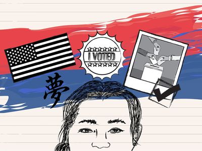 An illustration of an Asian woman with various symbols above her head including an American Flag, an "I voted" sticker, a ballot box, and a Chinese character.