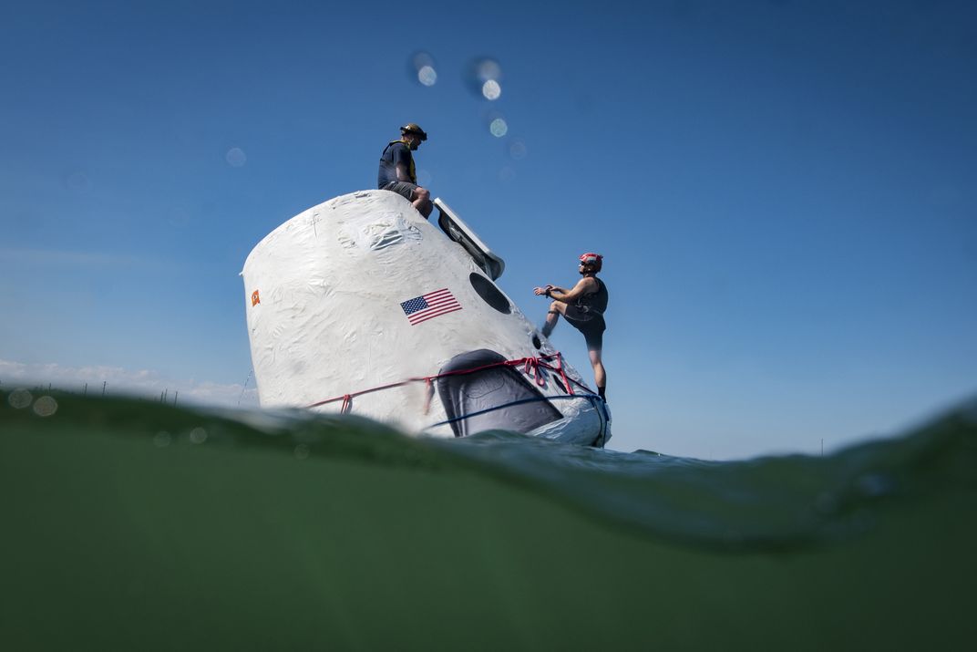14 - How many people have “astronaut rescue training” on their résumés? These pararescue jumpers and combat rescue officers practice retrieving astronauts from a SpaceX capsule.