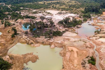 Aerial view of deforested area of the Amazon rainforest. 