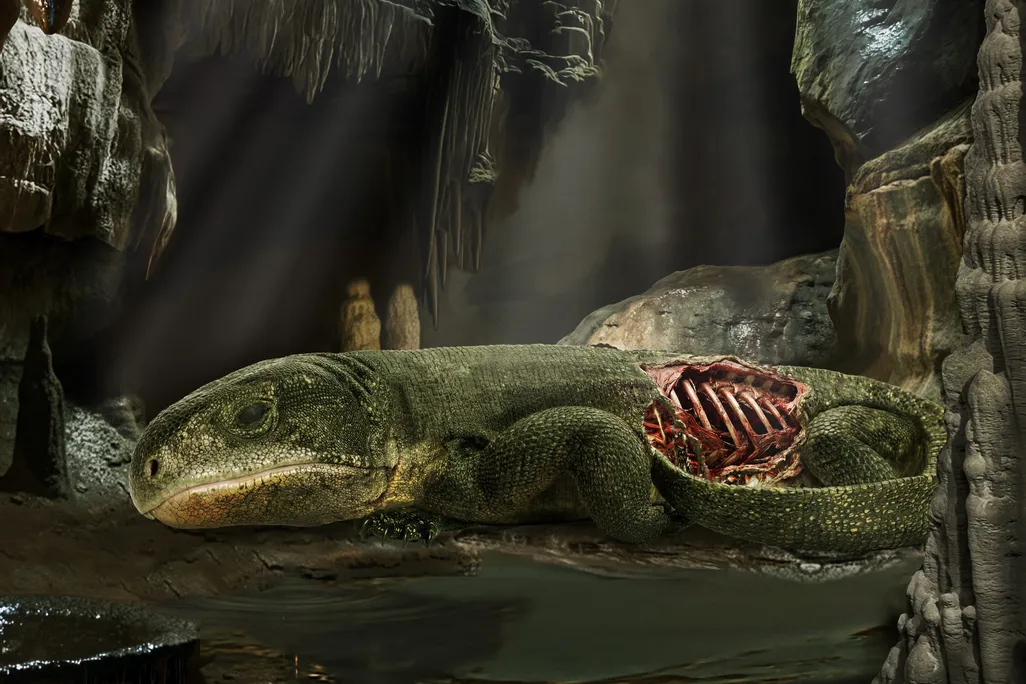 artist rendition of a reptile in a cave