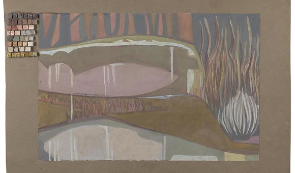 Cartoon for mosaic sketched on brown paper in various shades of brown, blue, terracotta, pink, and white, with stones in corresponding colors glued to the paper.