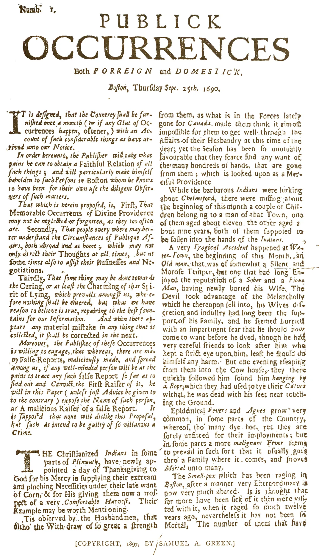The first page of Publick Occurrences​​​​​​​