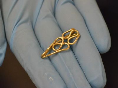 A piece of gold, believed to be a small ring, found in the Hoard