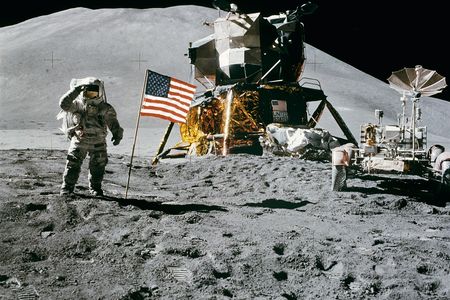 Apollo 15 Lunar Module Pilot James Irwin salutes the U.S. flag. This photograph was taken by Astronaut David R. Scott, Apollo 15 commander.