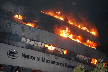 The National Museum of Natural History is seen engulfed in fire at Mandi house on April 26, 2016 in New Delhi.
