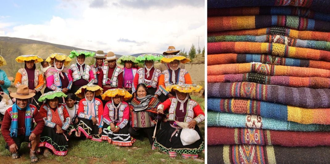 Two photos side by side: on the left, a group of men and women posing outdoors in festive colorful hats and clothing. On the right, a stack of colorful textiles.