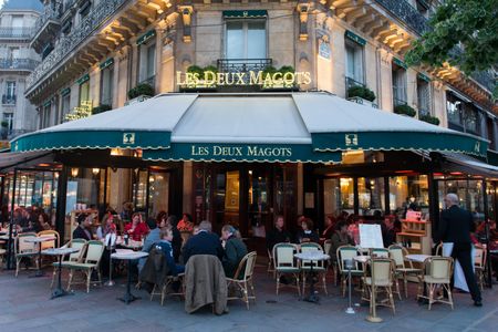The famous Les Deux Magots situated in the Saint-Germain-des-Prés area of Paris, France