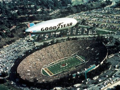 A Goodyear Blimp hovering above the Rose Bowl game in Pasadena, California, in 1978, when the Washington Huskies faced off against the Michigan Wolverines