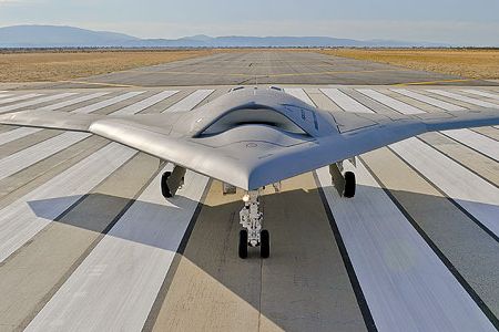 Northrop Grumman’s portrait of the future for naval aviation: the X-47B on the runway in Palmdale, California.