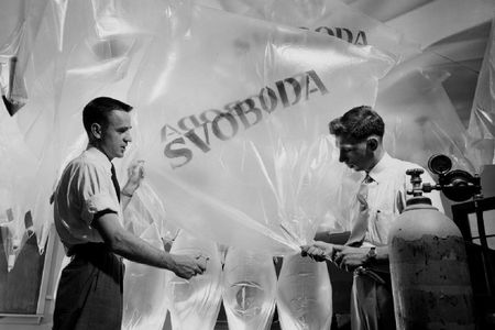 Each rubber balloon was filled with thousands of propaganda leaflets. The balloons, launched from Germany, were meant for Czechoslovakia (note the Czech word "Svoboda," or "freedom," lettered on each side of the balloon).